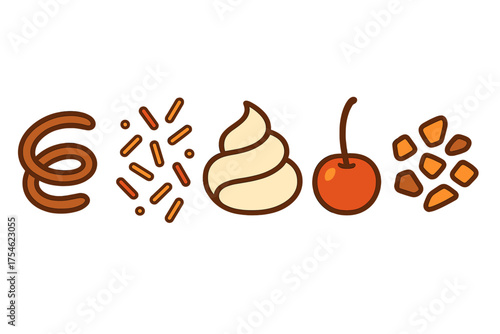 Sweet dessert garnishes set with whipped cream, chocolate curls, sprinkles, and cherry