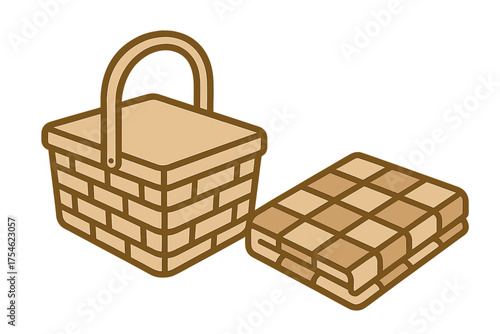 Traditional wicker picnic basket and folded checkered blanket for outdoor dining