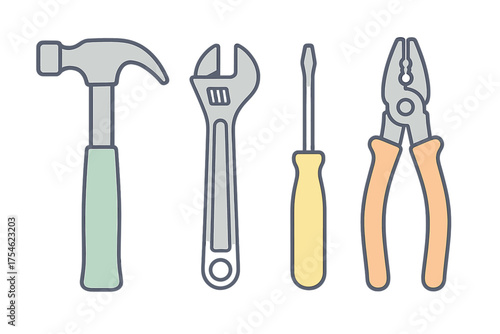 Set of essential hand tools including hammer adjustable wrench screwdriver and pliers