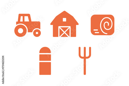 Simple orange farming and agriculture symbols including tractor, barn, silo, hay bale, and pitchfork