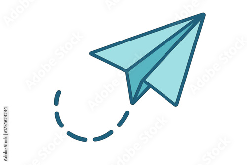 Simple folded paper plane soaring through the air on a curved dashed line trajectory