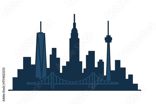 Modern urban cityscape silhouette featuring architectural landmarks and a suspension bridge design