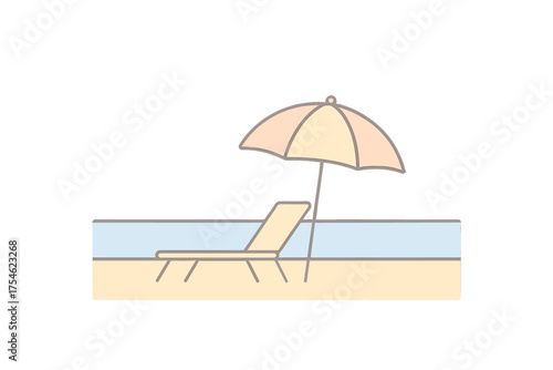 Minimalist sun lounger and beach umbrella beside water on summer vacation day
