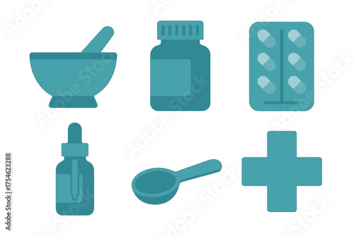 Essential pharmaceutical items and healthcare symbols including mortar, pestle, pill bottle, and medical cross