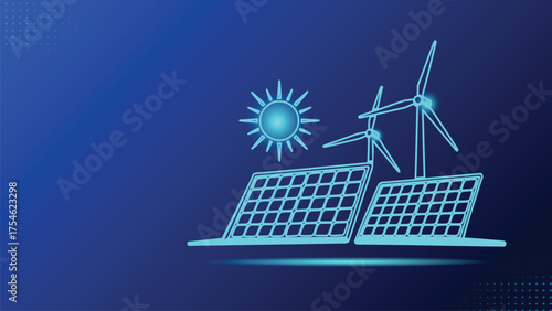 Clean Energy Generation Blue Outline Wind Turbines Solar Panels Sun Dark Blue Background