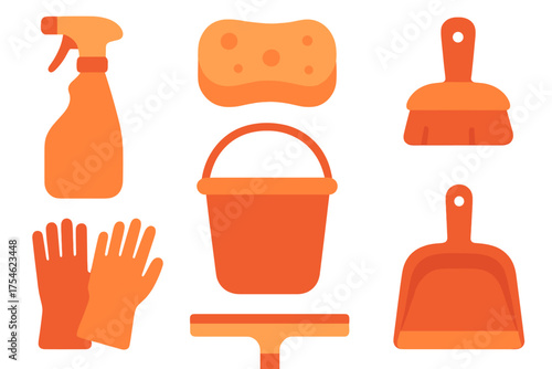 Essential household cleaning supplies set including spray bottle sponge bucket gloves brush and dustpan