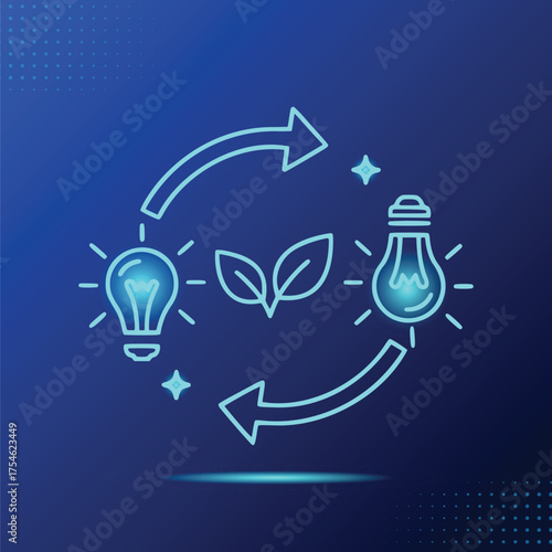Sustainable Idea Circulation Blue Outline Light Bulbs Arrows Leaves Dark Blue Background
