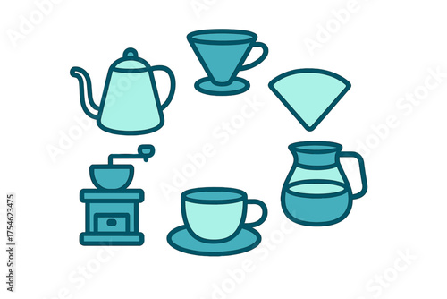 Set of coffee preparation icons featuring kettle manual grinder pour-over dripper and carafe