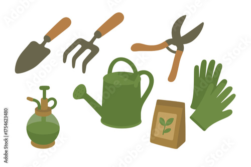 Essential gardening tools and equipment set featuring watering can, hand trowel, gloves, and pruners
