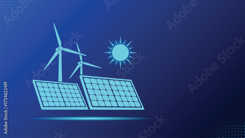 Sustainable Power Source Wind Turbines Solar Panels Sun Dark Blue Background Silhouette
