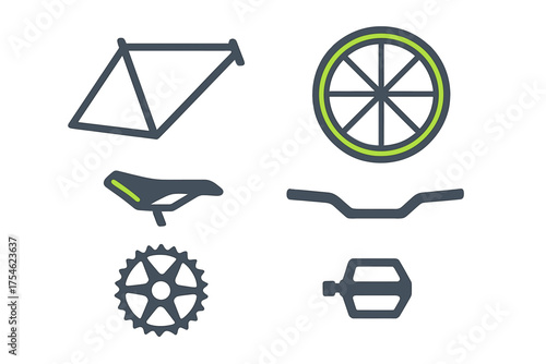 Minimalist outline symbols of bicycle parts including wheel, frame, saddle, and pedal