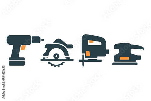 Set of essential power tools including drill, circular saw, jigsaw, and sander for construction