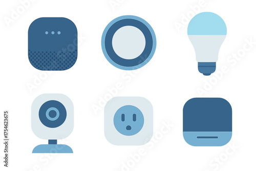 Modern collection of smart home technology devices including speaker light bulb and security camera