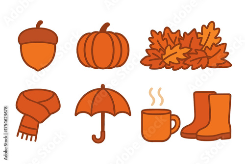 Autumn season objects collection with pumpkin, fallen leaves, acorn, scarf, umbrella, and rain boots