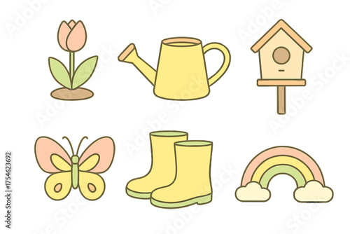 Cute pastel spring and gardening symbols featuring tulip, watering can, birdhouse, butterfly, boots, and rainbow