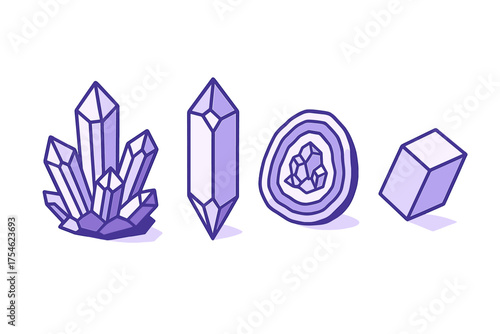 Collection of purple quartz crystals and mineral stones on a white background