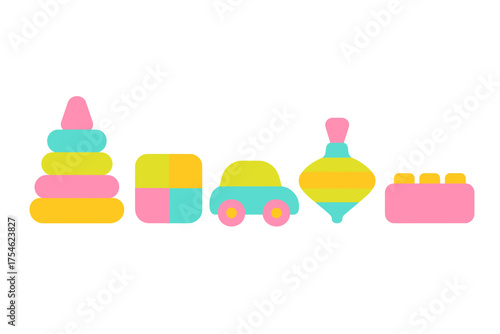 Classic children's toys set including stacking pyramid, toy car, spinning top, and building blocks