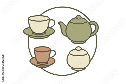 Minimalist tea service collection with teapot, cups, saucers, and sugar bowl