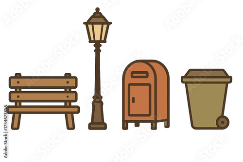Collection of urban park amenities including wooden bench, street light, mailbox, and garbage bin