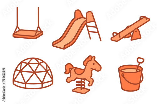 Set of essential playground equipment including swing slide seesaw and sand bucket