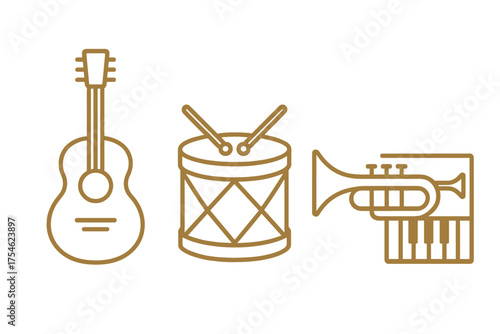 Outline symbols of acoustic guitar, snare drum, trumpet, and keyboard instruments