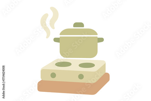 Cooking pot boiling on a kitchen cooktop with steam in flat design style