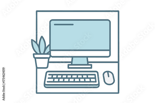 Minimalist desktop computer setup with monitor keyboard mouse and small potted plant