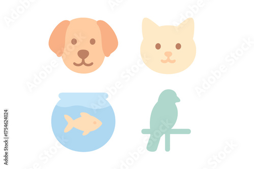 Minimalist collection of domestic pet animal heads and icons including dog cat fish and bird
