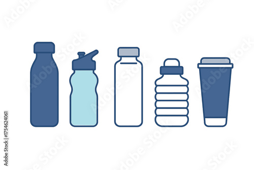 Set of reusable water bottles and travel mug icons for sustainable living and hydration
