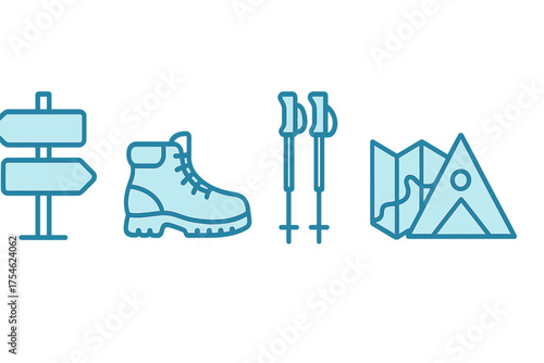 Essential outdoor adventure gear set featuring hiking boot, trekking poles, map, and signpost