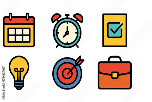 Essential business and productivity icons featuring calendar clock target and briefcase symbols