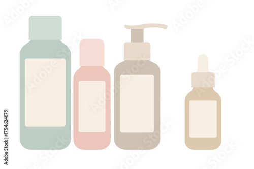 Set of skincare product containers including lotion pump and dropper bottle with blank labels
