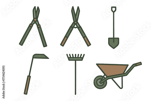 Gardening tools set including wheelbarrow, rake, spade, hoe, and hedge clippers
