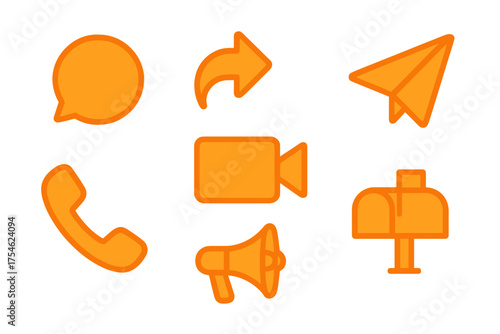 Essential orange communication symbols set including chat, share, send, video, phone, and announcement icons