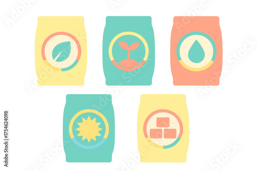 Colorful bags of agricultural fertilizer or soil nutrients with various growth icons