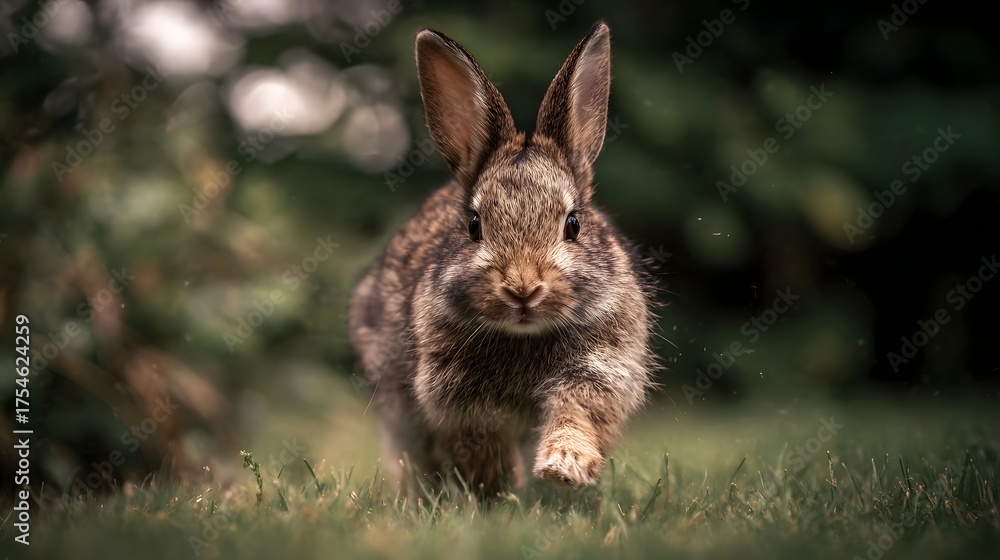 Fototapeta premium A small brown rabbit hops forward through lush green grass in a garden captured in sharp focus with a softly blurred natural background