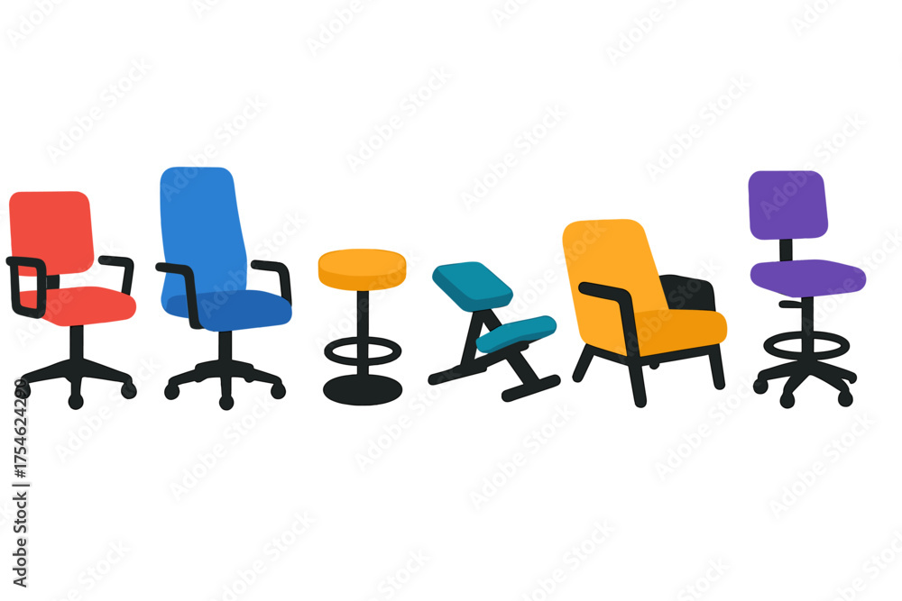 Obraz premium Colorful collection of various modern office and ergonomic seating furniture items