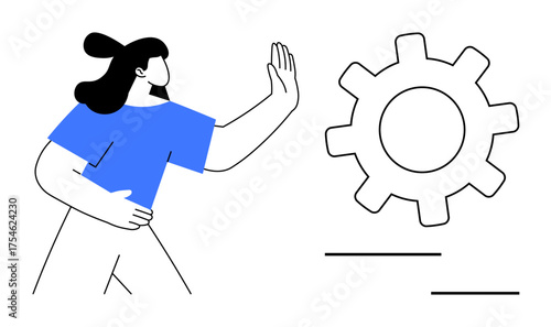Young woman holding hand in a stopping gesture near a gear symbolizing process control, boundaries, teamwork, system management. Ideal for workflow, decision-making, leadership, empowerment, process