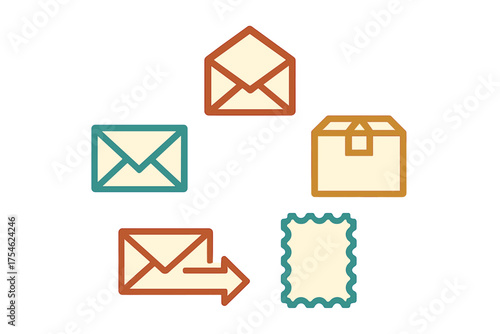 Simple symbols for postal delivery, email communication, shipping, and postage services