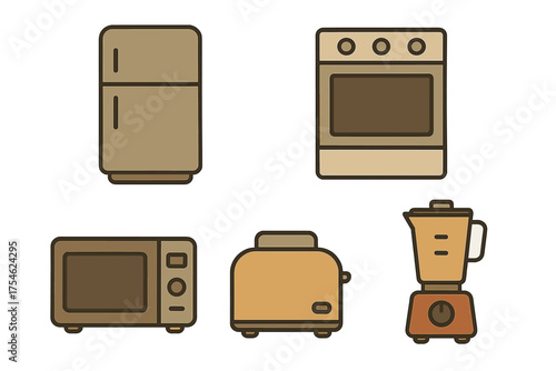 Essential household kitchen appliances set refrigerator oven microwave toaster blender
