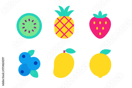 Vibrant flat design set of six fruit icons including kiwi pineapple strawberry blueberries mango and lemon