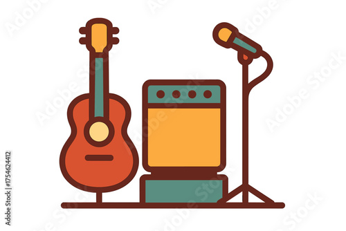 Acoustic guitar, sound amplifier, and microphone on a stand for a live music performance