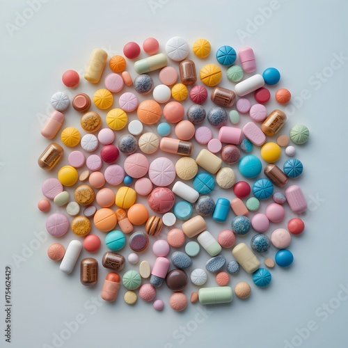 Assorted colorful pills and capsules photo