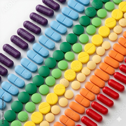 Colorful pills and capsules medication art