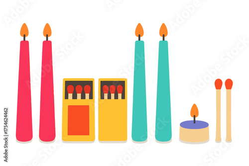 Colorful burning taper candles, a tealight, and open matchboxes with wooden matches