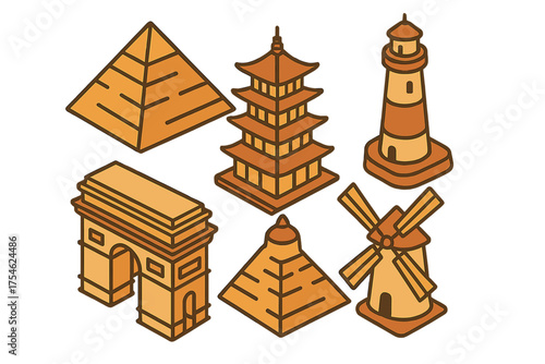 Famous world travel landmarks and architectural monuments in brown and orange isometric style