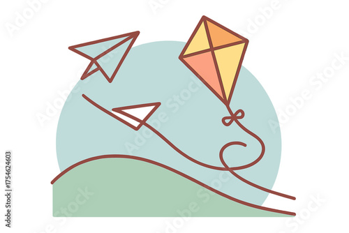 Colorful kite and paper airplanes flying high in the blue sky above a rolling green hill