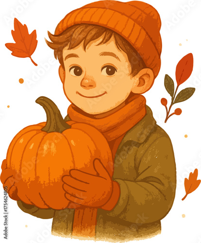 cute boy with pumpkin autumn thanksgiving vibe vector illustration