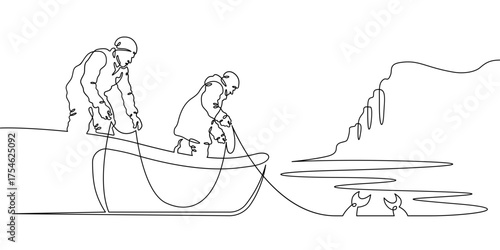 Continuous single line drawing A fisherman takes out a fishing net. A fisherman on a fishing boat. Seascape. Linear . One continuous line isolated minimalist illustration. Not AI.