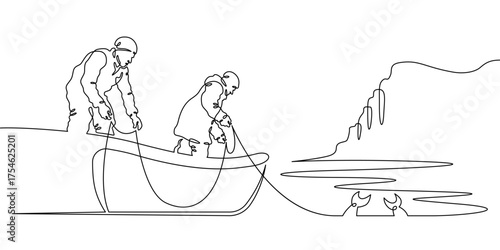 Continuous single line drawing A fisherman takes out a fishing net. A fisherman on a fishing boat. Seascape. Linear . One continuous line isolated minimalist illustration. Not AI.